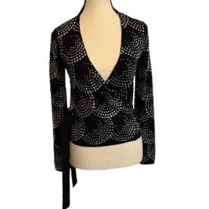 DVF Diane von Furstenberg Rhinestone Wrap Sweater Petite Black Wool Tie evening